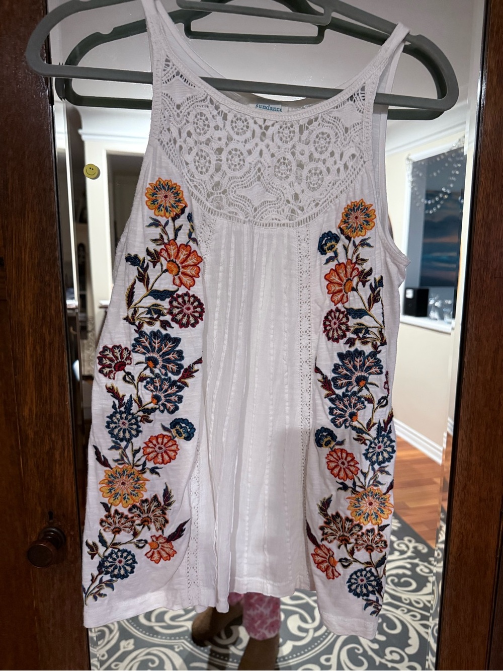Sundance White Tank with Multicolor Floral Embroidery